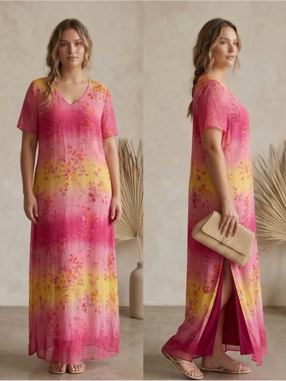 Vtg 90s S.L. Fashions Watercolor Floral Crepe Maxi Dress 20 Sunset Pink Yellow